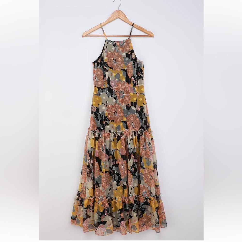 Wonderful Memories Black Floral Jacquard Tiered Midi Dress